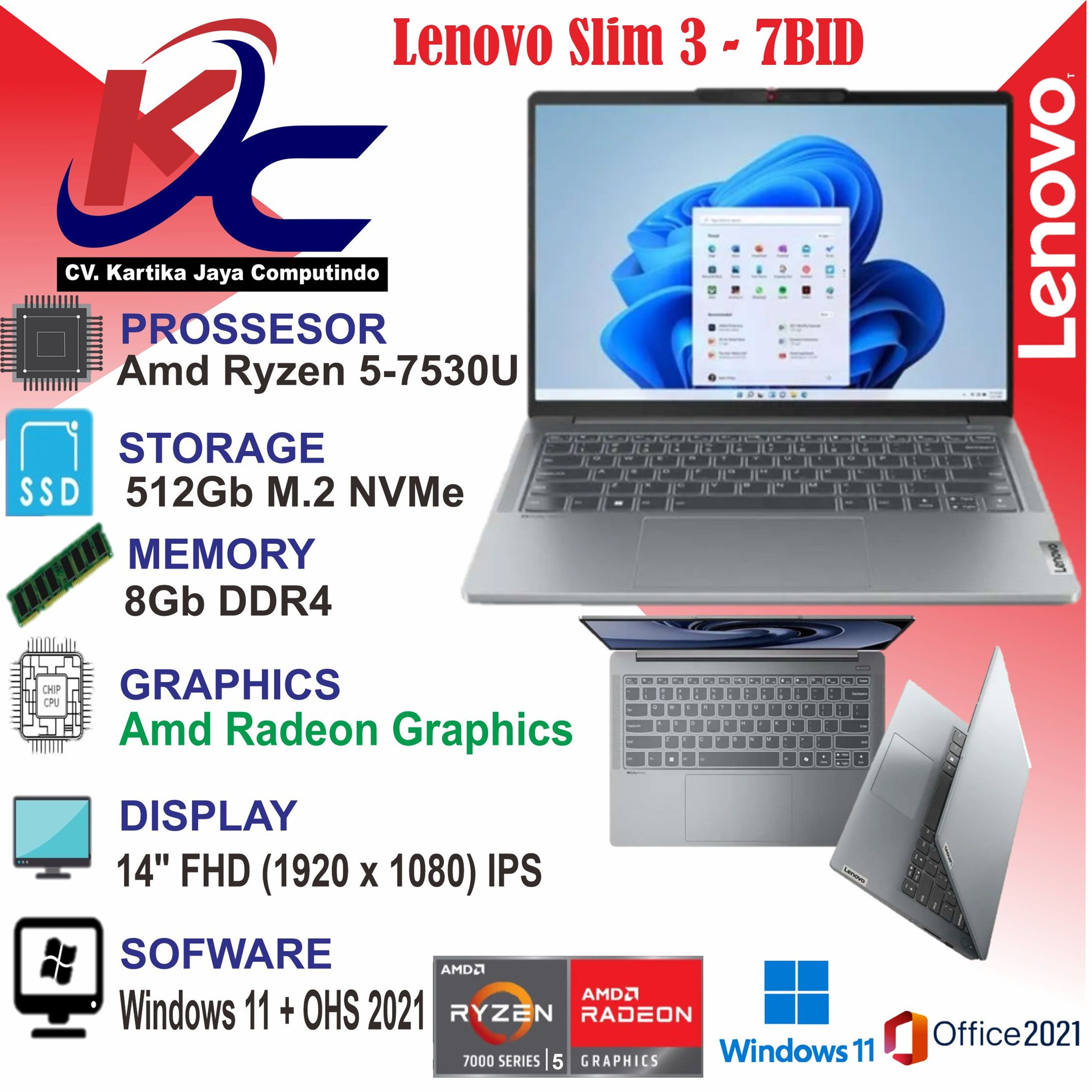LENOVO IP 3 - 7BID  R5-7530/ 8GB/ SSD 512GB/ W11 OHS PGREY